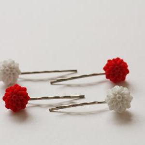 Red And White Chrysanthemum Bobby Pins Set Of Four..