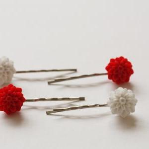 Red And White Chrysanthemum Bobby Pins Set Of Four..