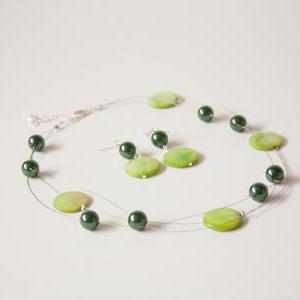 Illusion Necklace And Earrings Set, Green Shell..