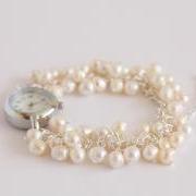 Ivory freshwater pearl bridal watch bracelet, June birthstone watch.
