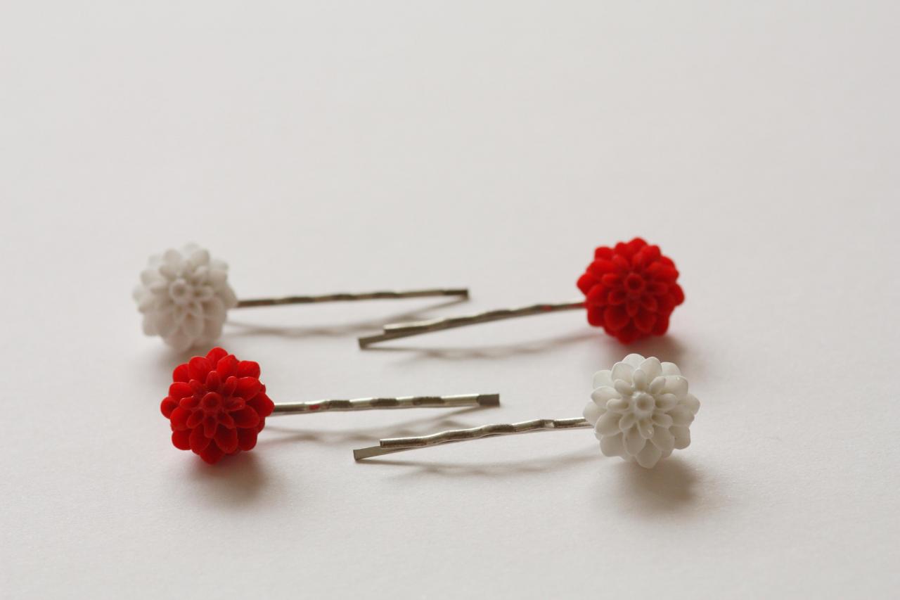 Red And White Chrysanthemum Bobby Pins Set Of Four Hair Grips.