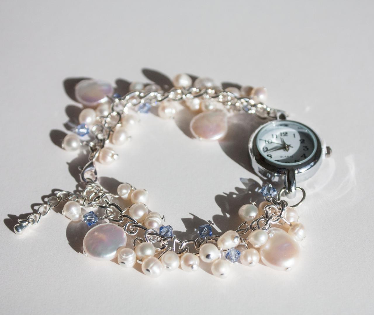 Something blue, bridal watch bracelet, Ivory freshwater pearl with pale blue Swarovski crystals.