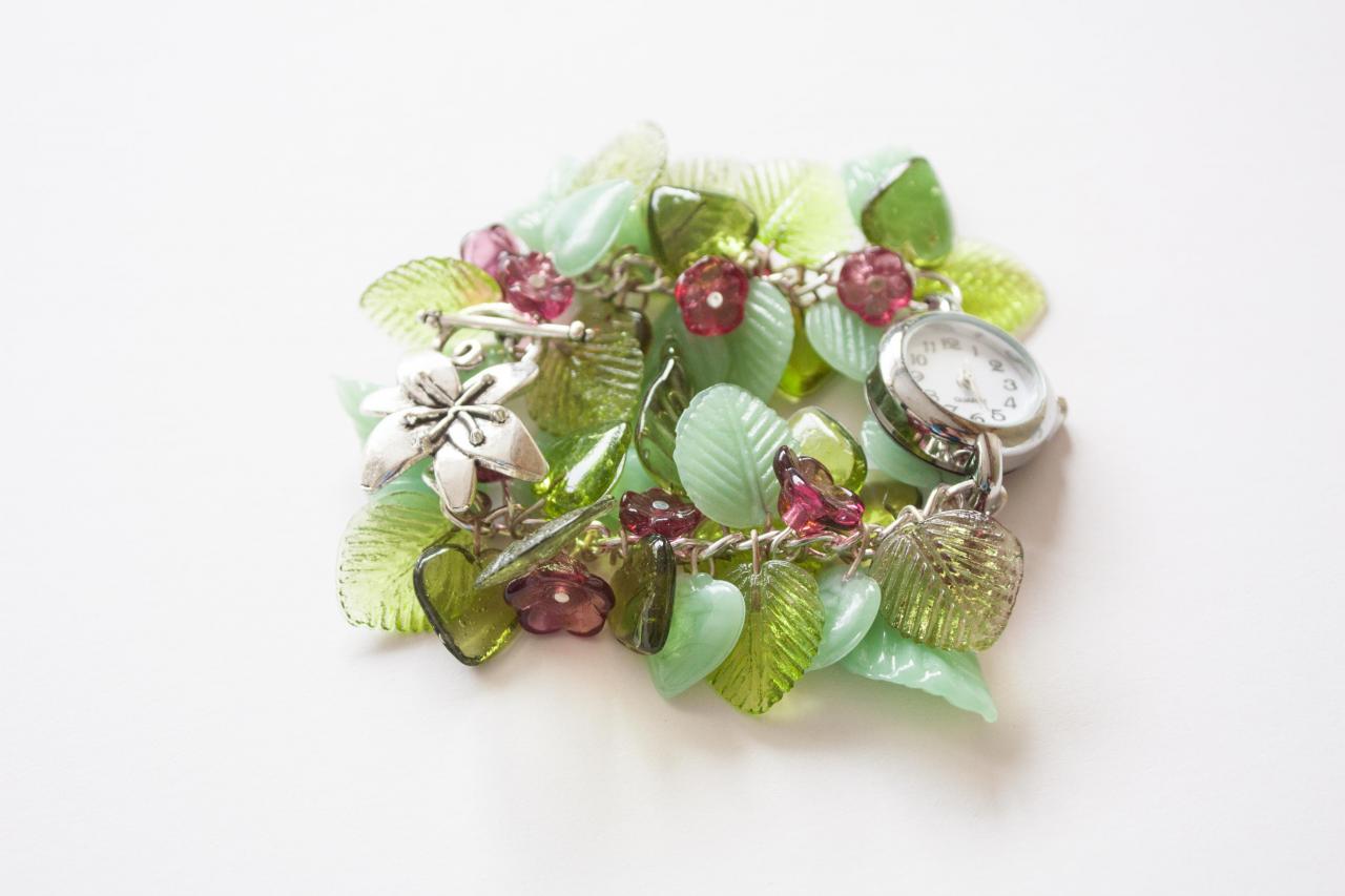 Springtime Statement Bracelet Watch With Green Leaves And Pink Flowers,