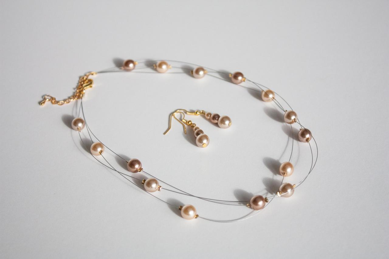 Floating Multi Strand Illusion Necklace And Earrings Set, In Café Au Lait And Bronze