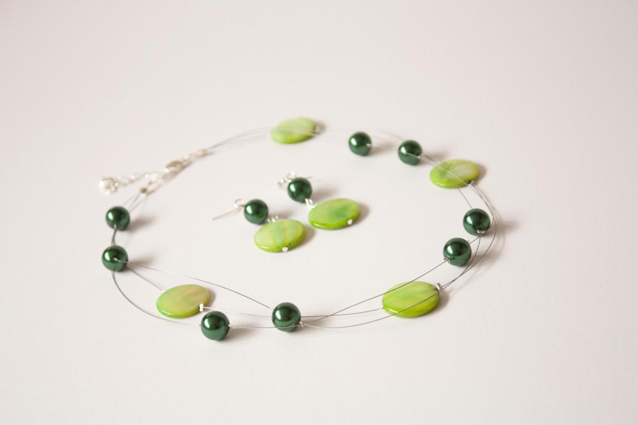 Illusion Necklace And Earrings Set, Green Shell And Forest Green Faux Pearl.