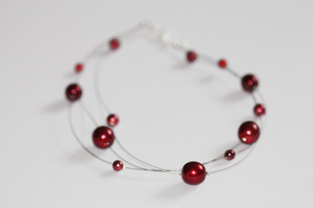Floating Multi Strand Illusion Necklace In Red Glass Pearls