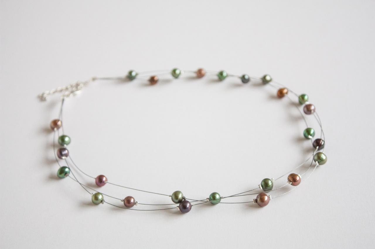 Multi-strand Floating Illusion Necklace Green And Brown Freshwater Pearls, Gaia.
