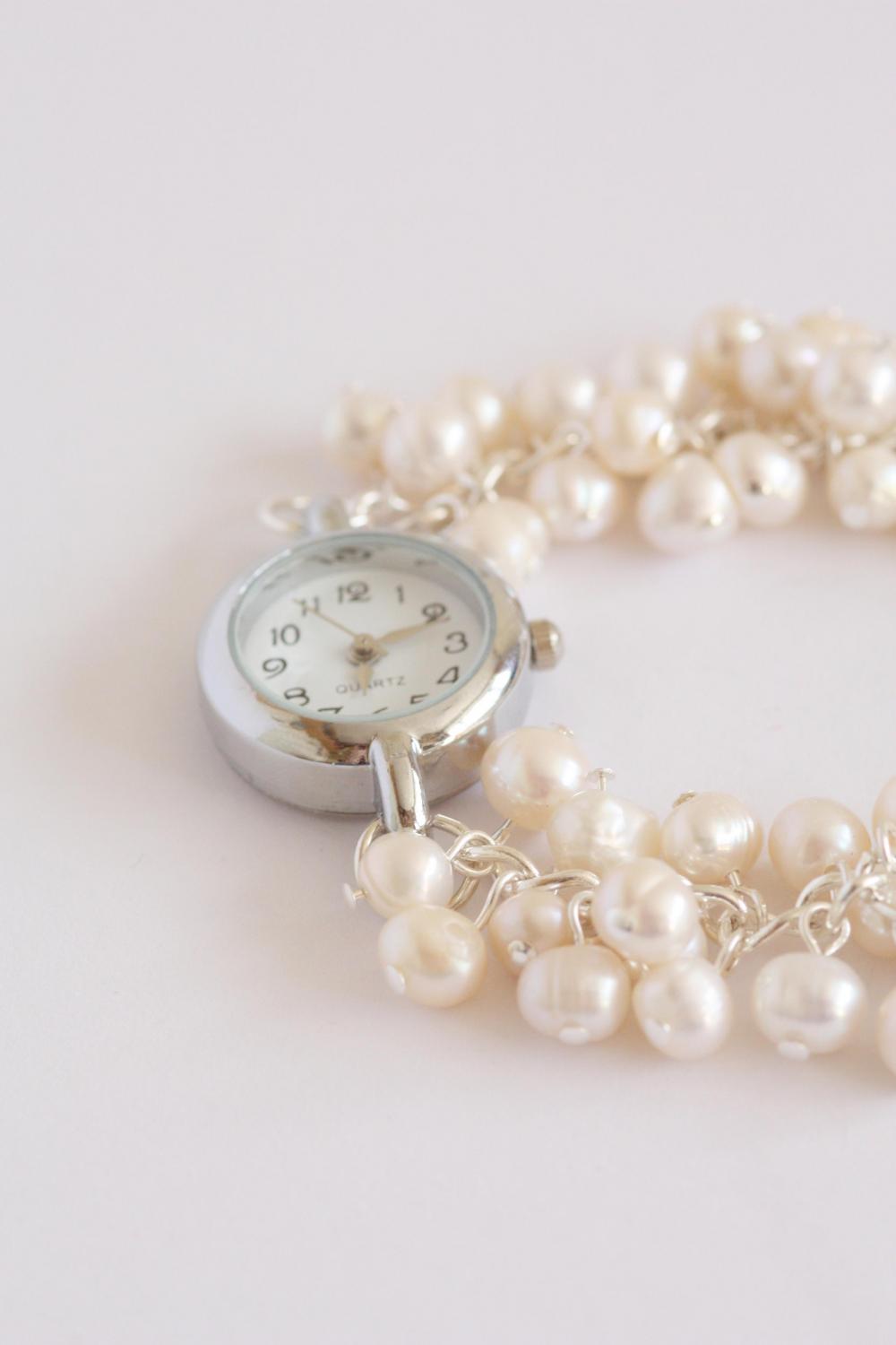 Ivory Freshwater Pearl Bridal Watch Bracelet, June Birthstone Watch. on ...