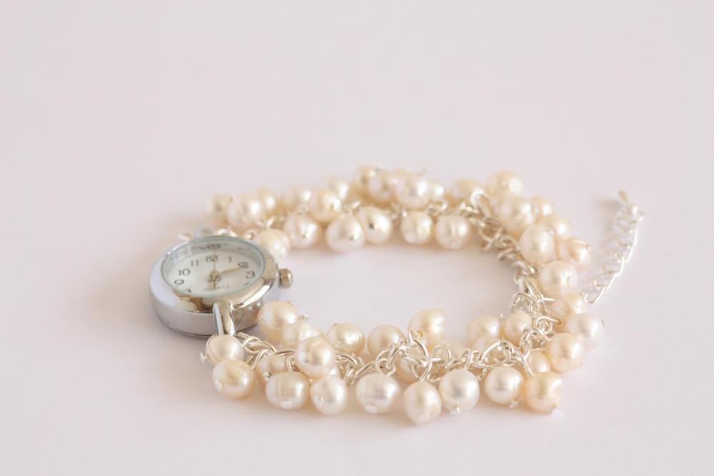 Ivory Freshwater Pearl Bridal Watch Bracelet, June Birthstone Watch. on ...