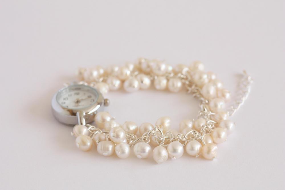 Ivory Freshwater Pearl Bridal Watch Bracelet, June Birthstone Watch.