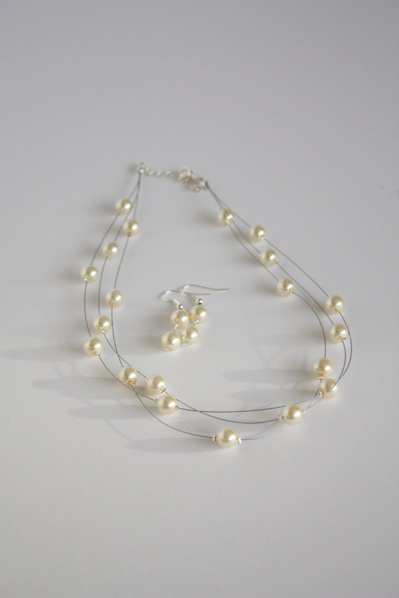Ivory Faux Pearl Multi Strand Illusion Bridal Necklace And Earrings Set