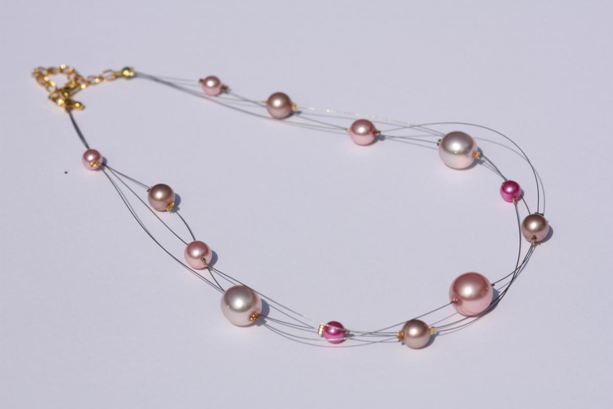 Pink Glass Pearl Multi Strand Illusion Necklace