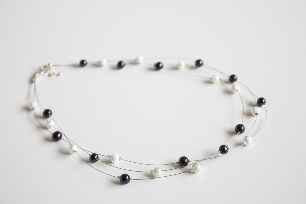 Hera Multi Strand Illusion Necklace In Black Pearl And Silver Stardust Beads