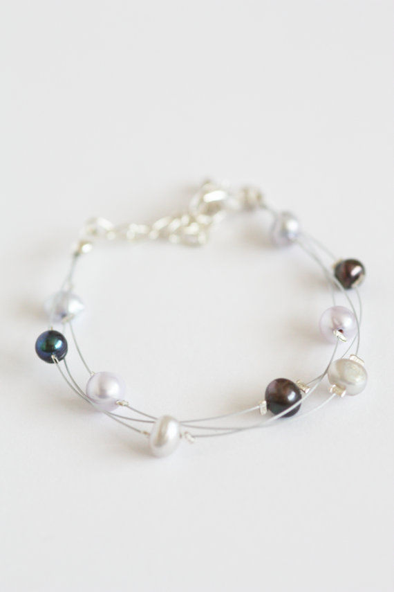 Floating Multi Strand Bracelet In Black Lilac And White Freshwater Pearls, Selene