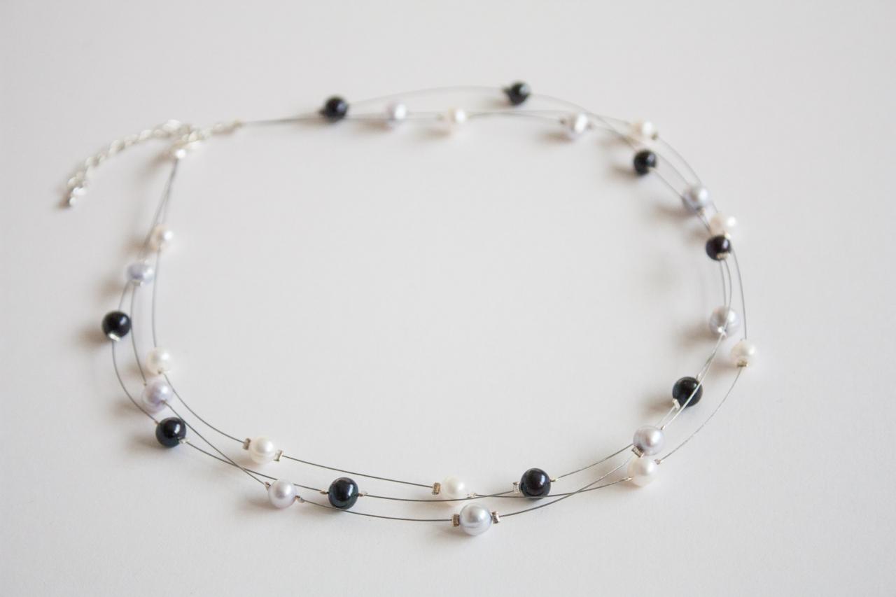 Floating Multi Strand Necklace In Black Lilac And White Freshwater Pearls, Selene