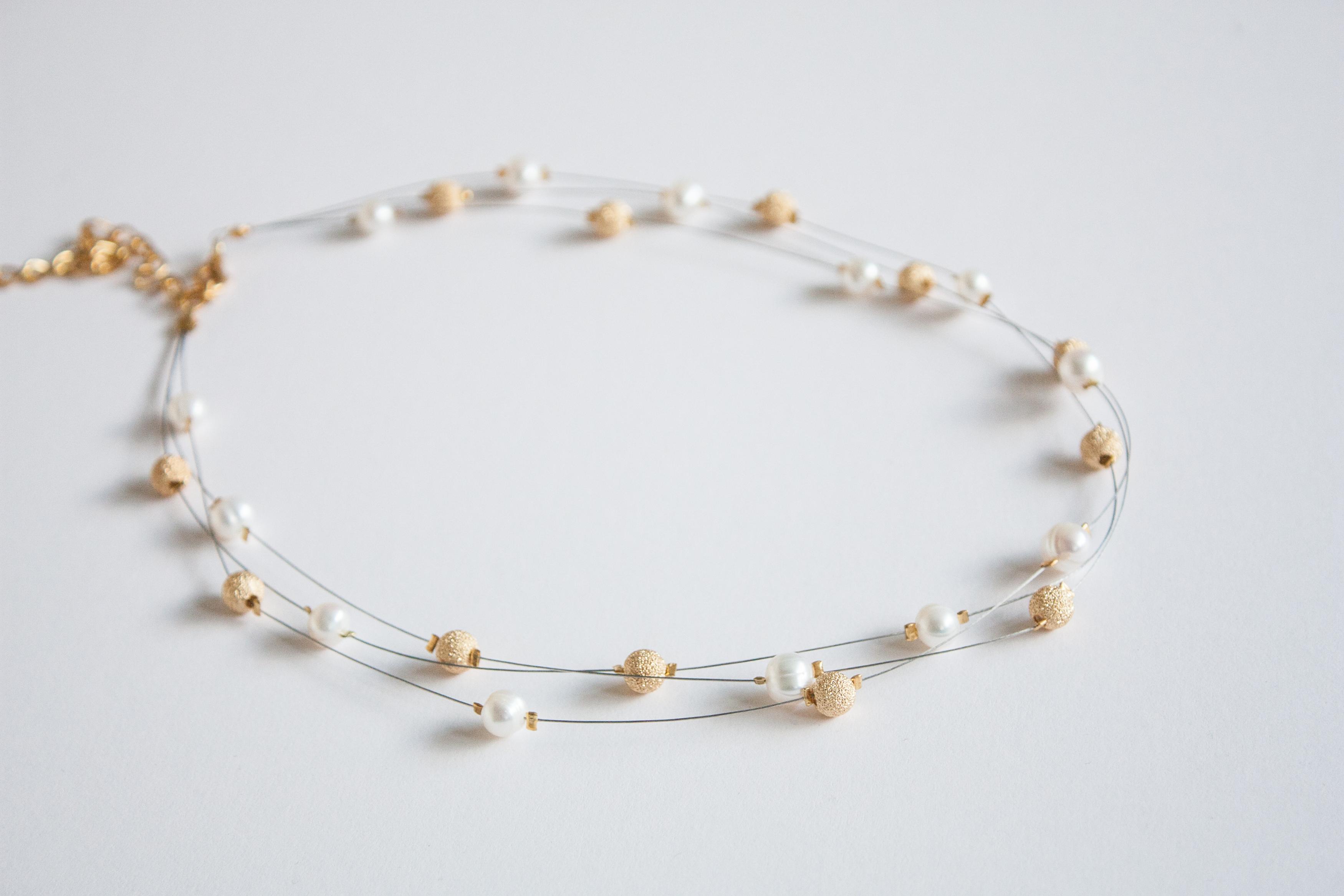 Ivory Freshwater Pearl And Gold Stardust Beads Floating Multi Strand